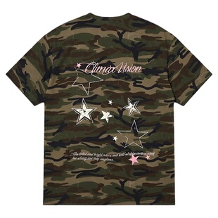 CLIMAX VISION美式复古星星迷彩印花纯棉短袖T恤休闲情侣tee上衣