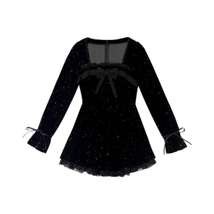 大小姐微胖大码“银河散落”法式纯欲黑色长袖细闪丝绒连衣裙秋冬