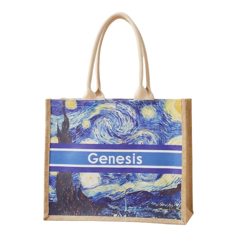 手绘梵高星空麻布袋饭盒袋休闲手提袋美式手工手绘插画亚麻袋定制