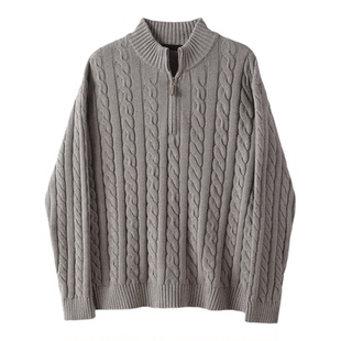 LUUD 轻熟老钱格调半螺纹拉链毛衣男士100%纯棉麻花编织针织上衣