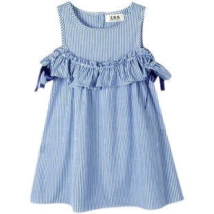 女童条纹连衣裙2025夏装新款中大童韩版洋气时尚吊带露肩裙子网红