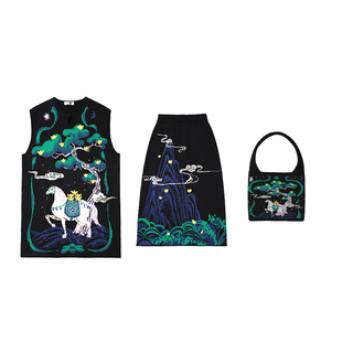 有耳uare原创设计 马上轻松有财 新中式针织连衣裙半身裙包包套装