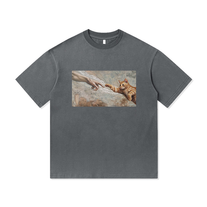 世界名画猫咪的救赎美式复古休闲短袖上衣衫夏季宽松男装T恤潮牌