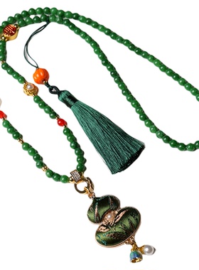 手工双面宋锦翡翠干青项链国风链