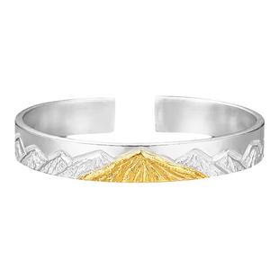 手工定制日照金山手镯男士999纯银原创设计24K金包银镯子转运手环