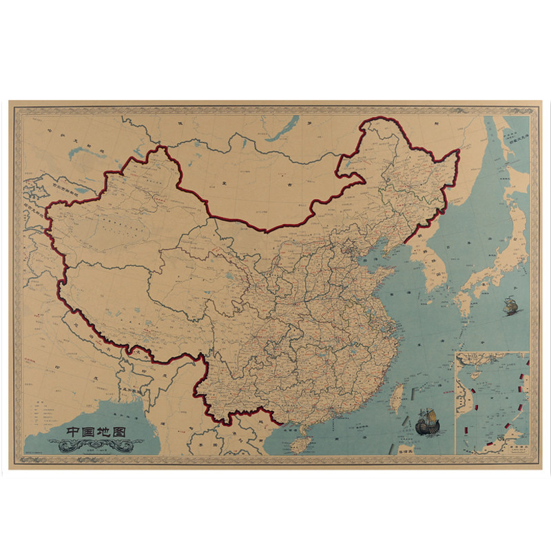 复古牛皮纸中国旅行地图足迹标注图1.4米大尺寸办公室装饰画挂图
