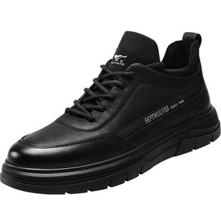 七匹狼黑色皮鞋男真皮软面休闲鞋圆头厚底纯牛皮男鞋冬季商务鞋子