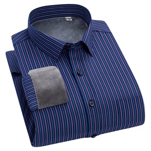 秋冬季商务保暖衬衫加绒加厚长袖条纹中青年衬衣爸爸大码寸衫韩版