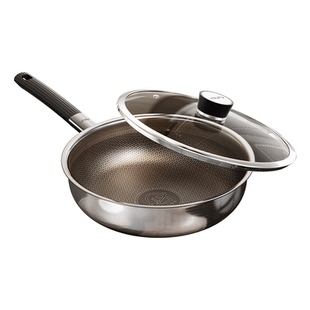 钛无涂层不锈钢平底锅不粘锅家用牛排电磁炉专用炒菜锅加深煎锅W