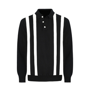 复古英伦风男士上衣修身翻领针织衫时尚商务拼色条纹polo衫男长袖