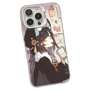 喝奶茶芙宁娜iPhone17ProMax彩银手机壳13/12mini华为7/8荣耀16/15Pro小米11红米14plus情侣款x/xs防摔手机壳