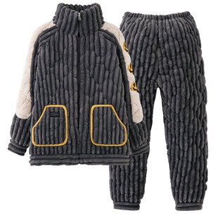 睡衣男款冬季珊瑚绒加厚保暖三层夹棉男士秋冬2026新款家居服套装