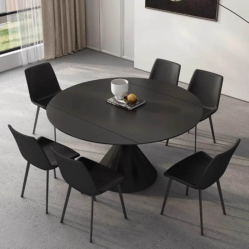 意式黑色岩板可变圆桌现代简约家用小户型方圆两用旋转伸缩圆餐桌