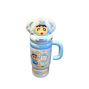 蜡笔小新保温杯毛绒公仔冰霸杯高颜值上学便携吸管杯送礼双饮水杯