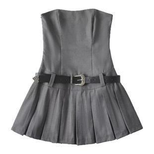 怪力酱 美式辣妹百褶连衣裙女夏季无袖收腰显瘦短款打底a字抹胸裙