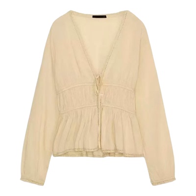 收腰镂空修边设计刺绣薄纱衬衫