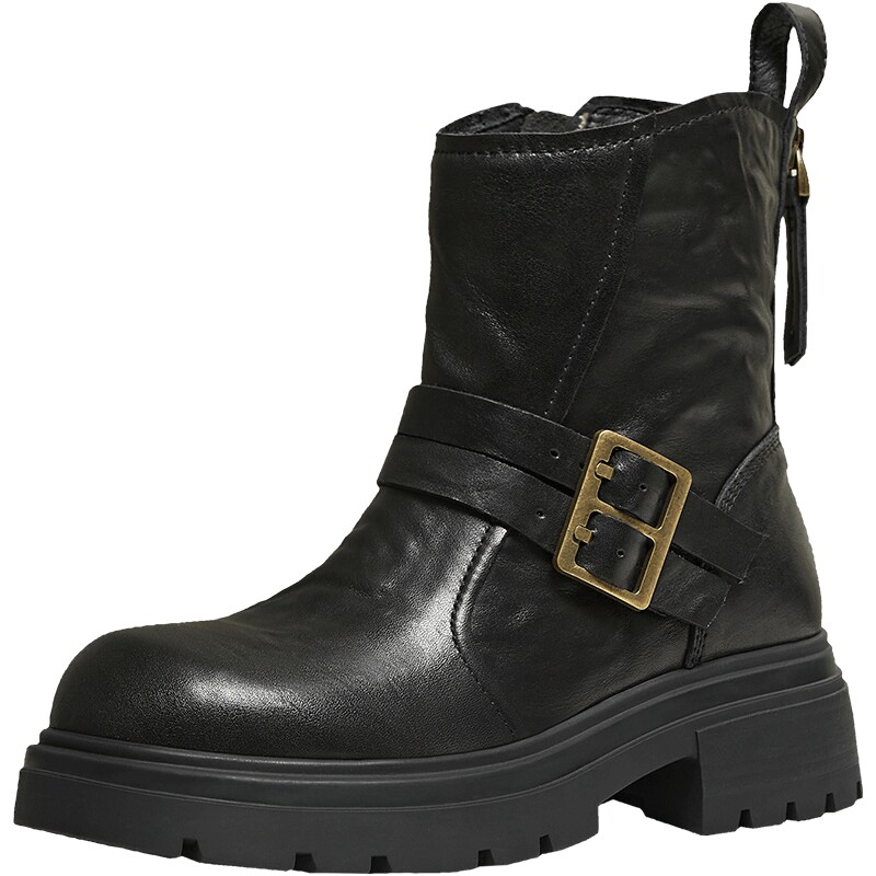 天美意巴恩风复古厚底加绒西部靴女鞋子时装靴短靴皮靴冬季新款