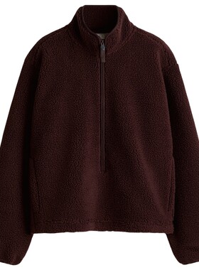 HM女装运动外套冬季梅红色时尚泰迪绒运动上衣1283772