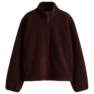 HM女装运动外套冬季梅红色时尚泰迪绒运动上衣1283772