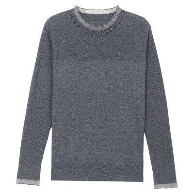 恒源祥春秋薄款羊毛蕾丝针织衫女