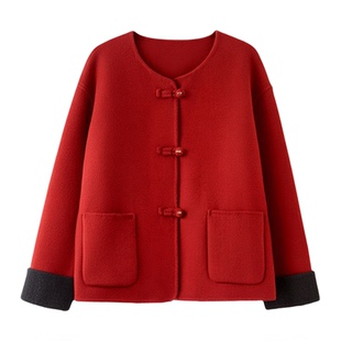 小香风新中式国风羊绒大衣女短款小个子双面呢羊毛外套妈妈秋冬装