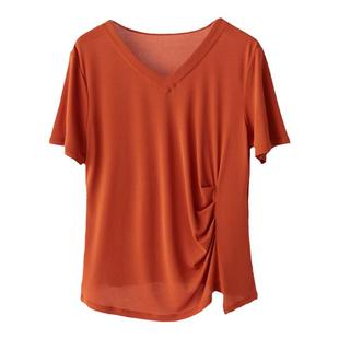 高端真丝短袖T恤重磅加捻褶皱V领修身显瘦小个子黑色薄款上衣小衫