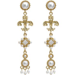 复古宫廷风S925纯银耳针长款十字架珍珠耳环超仙高级感巴洛克耳夹