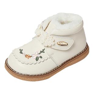 斯纳菲儿童棉鞋大棉2026冬季小女孩新年绣花宝宝加绒女童雪地皮靴