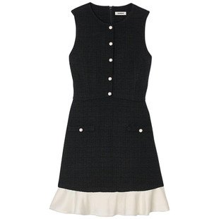 SANDRO2025秋冬女装法式气质时尚黑白撞色荷叶边无袖花呢连衣裙