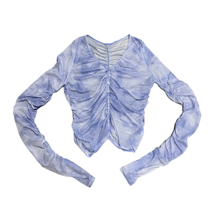 LTGIRL大码纯欲辣妹风褶皱扎染深v领内搭网纱透视修身显瘦t恤上衣