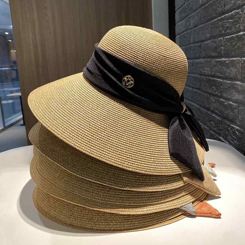 夏季大檐草帽女字母防晒太阳帽遮阳搭百沙滩时尚蝴蝶结渔夫帽圆顶