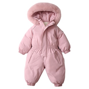 连帽加绒加厚滑雪服儿童连体衣2025冬季新款宝宝爬服防风防水