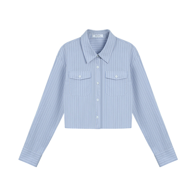 MULVAN 白色短款宽松长袖衬衫女设计感小众气质小个子露腰衬衣