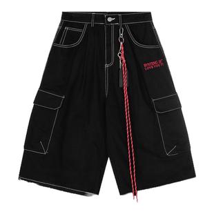 Holocene美式潮牌黑色明线七分裤男高街百搭阔腿夏季小众设计短裤