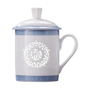 景德镇官方陶瓷中式青花玲珑创意马克杯家用办公室喝水杯子新款