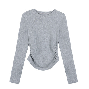 pusumede 淡颜加分项 圆领针织长袖T恤女收褶内搭修身打底衫上衣