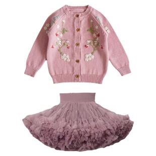 新款女童秋冬套装儿童针织毛衣手绣草莓花朵开衫蓬蓬凸凸裙两件套