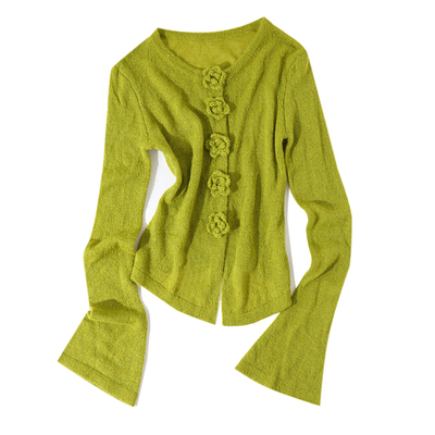 大于诗集抹茶玫瑰法式马海毛立体手工花朵毛衣修身长袖针织衫上衣