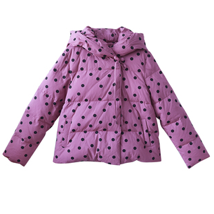 【樱花灿】文艺风短款羽绒服女冬季连帽防风保暖波点紫色羽绒外套