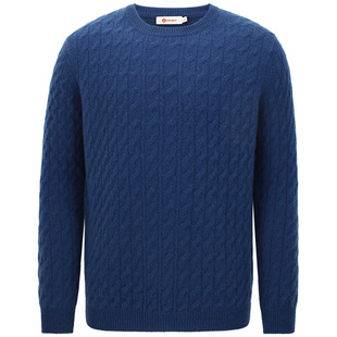 皮皮狗秋冬新款加厚绞花男士套头羊绒衫圆领针织纯羊绒毛衣