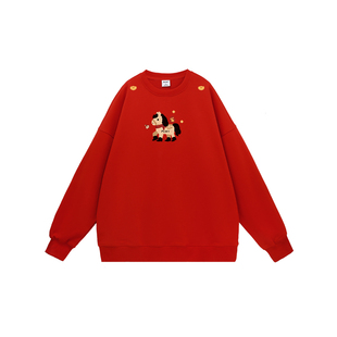 PCMY马年新年款情侣装重磅外套一男一女2026新款红色圆领宽松卫衣