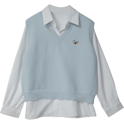 学院风V领针织马甲衬衫两件套女