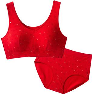 中老年大红色女士文胸本命年妈妈内衣内裤套装纯棉老人背心式胸罩