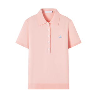 Navigare意大利小帆船夏季休闲针织Polo衫女短袖粉色弹力翻领T恤