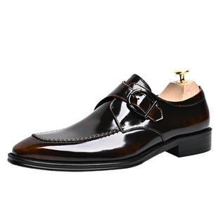 WOUFO沃皮匠真皮亮面搭扣孟克鞋英伦绅士小方头商务休闲皮鞋