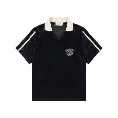 GOODBAI athletic学院logo刺绣翻领丝绒短袖衫