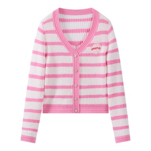 MARDI撞色条纹针织开衫26新款女V领单排扣温柔慵懒风毛衣粉色