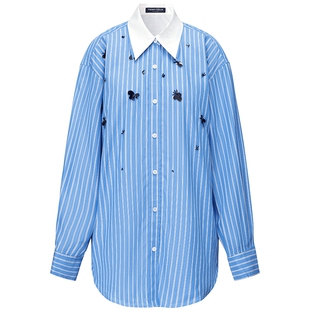 【金晨同款】FF仿佛衬衫2025秋季新款珠片刺绣女假两件条纹棉上衣