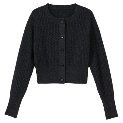 BLUEWEDIAN纯羊毛时尚绞花针织开衫秋冬圆领短款加厚毛衣女士外套