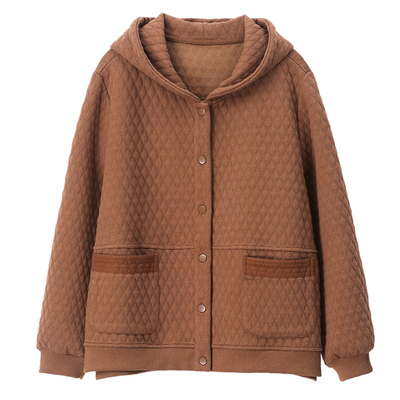 休闲妈妈菱格短外套女2025年春秋新款中老年大码宽松连帽夹克上衣